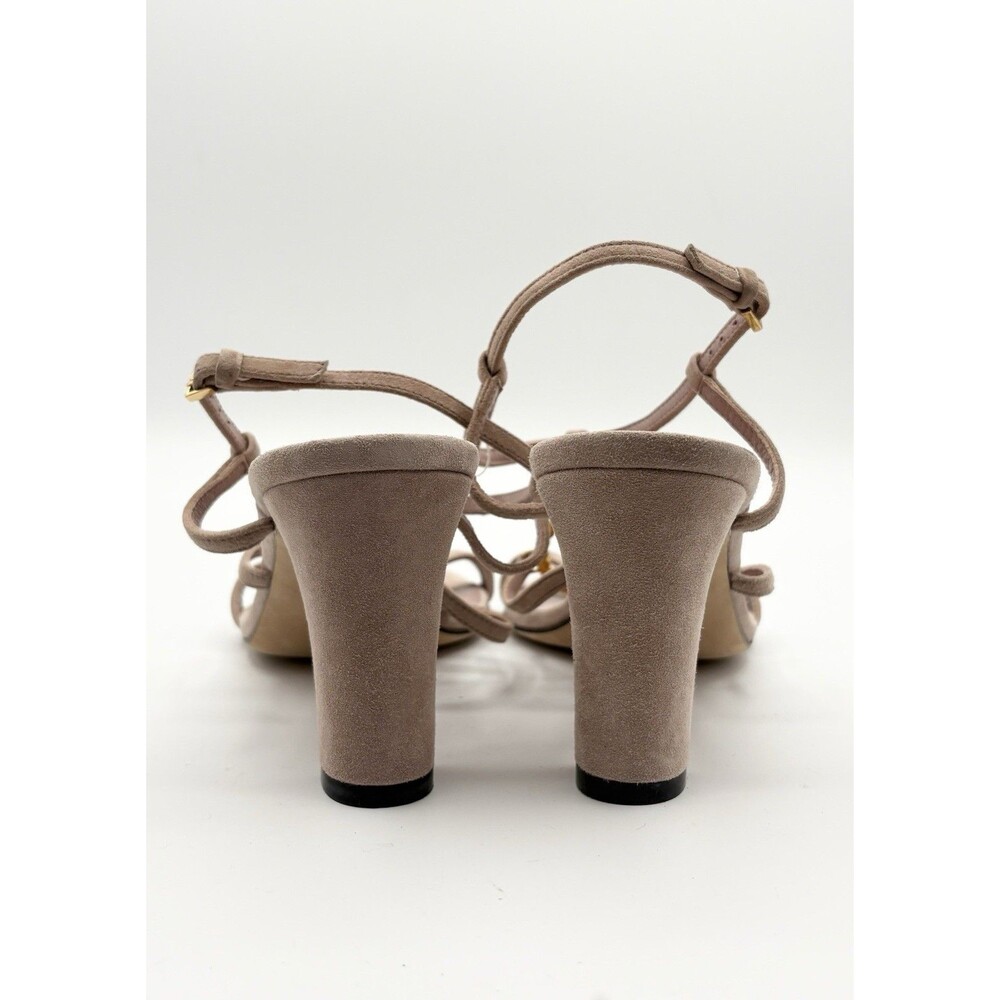 Gucci Nude Pink Suede Block Heels Sandals Rhinestone GG Logo T Strap EU 37.5 - Picture 9 of 11